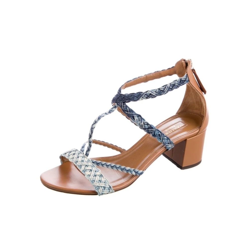 Aquazzura Tyra Denim And Leather  Braided Accents T-Strap Sandals